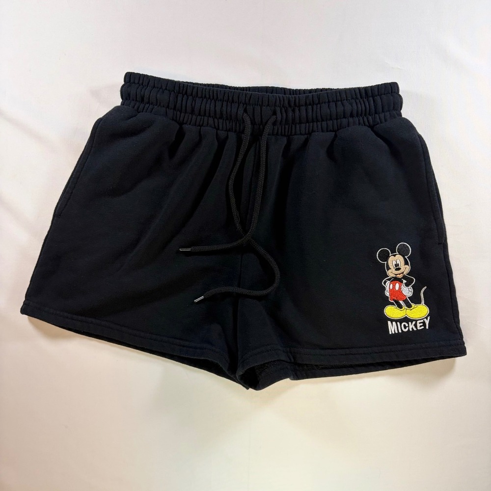 Disney Mickey Mouse Womens L Black Fleece Sweat Shorts Drawstring Lounge Pocket